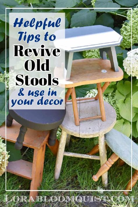 Stool Refurbish, Bathroom Stool Diy, Repurpose Bar Stool Ideas, Bar Stools Repurposed, Vintage Stool Wood, Stool Upcycle, Upcycle Door, Painted Bar Stools, Stool Makeover