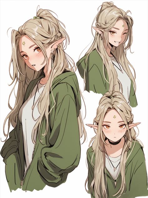 blonde, long hair, elf ears, green Elf Poses Drawing, Anime Elf Sketch, Anime Girlies Elf, Drawn Hairstyles Character Design, Female Elf Hairstyles, Elf Ear Reference Drawing, Wood Elf Drawing, Elven Hairstyles Drawing, High Elf Hairstyles