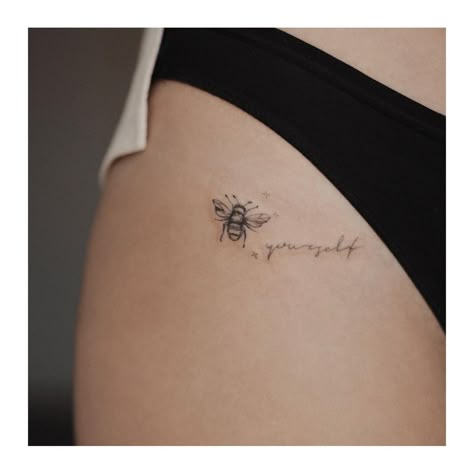 Bee Still Tattoo, Bee Yourself Tattoo, Bee Rib Tattoo, Tiny Bee Tattoo Simple, Bee Tattoo Placement, Bee Kind Tattoo, Dainty Bee Tattoo, Tiny Bee Tattoo, Little Bee Tattoo