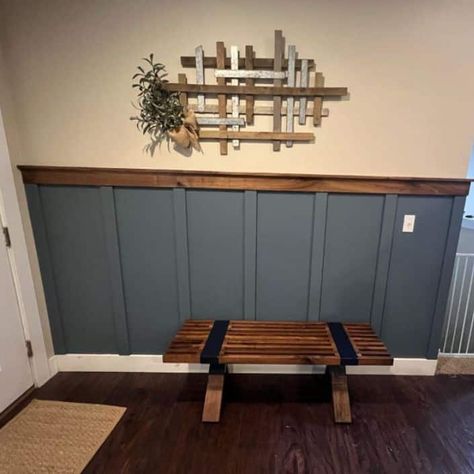 1x6 Board And Batten Wall, Western Board And Batten Wall, Passage Wall Paneling Design, Half Shiplap Wall Entryway, Boys Room With Chair Rail, Blue Batten Board Walls, Rustic Painted Walls, Small Entry Accent Wall, Rustic Chair Rail Ideas