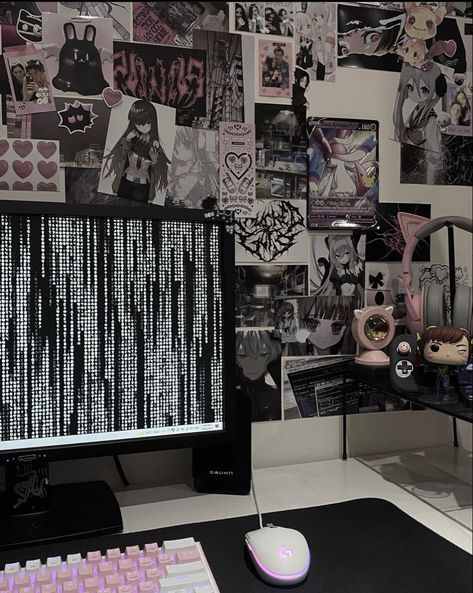 Bedroom Gamer Aesthetic, Room Ideas Aesthetic Anime Dark, Y2k Gaming Setup, Grunge Gaming Setup, Gaming Room Aesthetic, Otaku Bedroom, Emo Room, Gamer Room Decor, Desk Inspiration