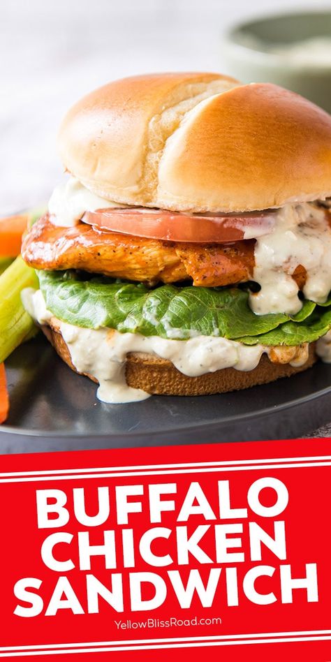 The Best Buffalo Chicken Sandwich has a tender, juicy chicken breast drenched in buffalo sauce with lettuce, tomato and a creamy blue cheese ranch topping. Sandwich Recipes For Lunch, Grilled Buffalo Chicken Sandwich, Tender Juicy Chicken Breast, Buffalo Chicken Breast, Buffalo Chicken Sandwich, Chicken Breast Sandwich, Simple Chicken Recipes, Grilled Buffalo Chicken, Pasta One Pot