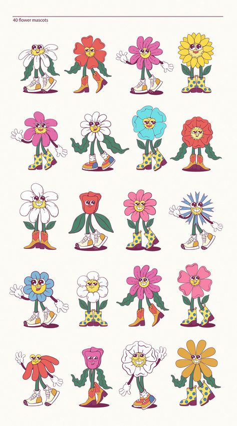 70s retro flower power mascot kit with clipart, logo, poster, wall art. Perfect for your 70s themed party or event. flowerpower 70s retro groovy . #Croquis #Nostalgia_70s #Flower_Power_Art #Art_Nostalgia Nostalgia 70s, Art Nostalgia, Matching Friend, Wallpaper Retro, Logo Poster, Cartoon Flowers, Retro Groovy, Friend Tattoos, Hippie Art