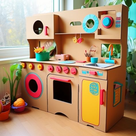 DIY Play Kitchens, cardboad crafts, cardboard kitchens, recycled crafts for kids Diy Food Crafts, Cardboard Kitchen Diy For Kids, Diy Kitchen For Kids, Diy Kids Kitchen Ideas, Diy Play Food For Kids, Diy Kitchen Toy, Kitchen Cardboard, Diy Kardus, Cat House Diy Cardboard