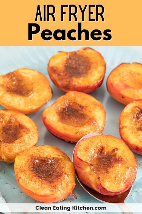 Air Fryer Peaches is a delicious and simple summertime dessert recipe that tastes like a healthy peach cobbler. Air fried fruit tastes similar to grilled fruit, but without the need to go outside or use a grill. This recipe is naturally vegetarian and gluten-free. Fried Dessert Recipes, Air Fryer Peaches, Healthy Peach Cobbler, Fried Fruit, Air Fryer Cookies, Peach Healthy, Air Fryer Desserts, Fried Dessert, Ninja Foodi Grill