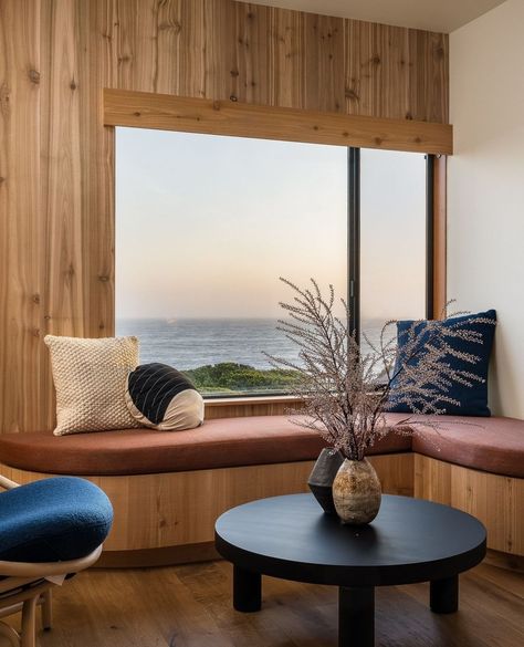 Living Room / Dining Room • Instagram Sea Ranch Lodge, The Sea Ranch, Bbq Night, Sea Ranch, Corner Window, Window Benches, Earthy Color Palette, Bent Wood, Exposed Wood