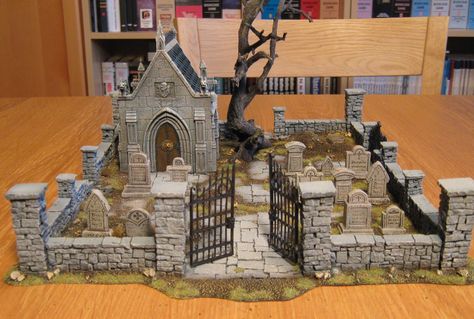 perfect graveyard example to build....LOVE this one Lemax Spooky Town Display, Spooky Town Village, Guard Tower, Hobby Table, Dept 56 Halloween, Halloween Village Display, Fantasy Terrain, Dnd Terrain, Miniature Terrain