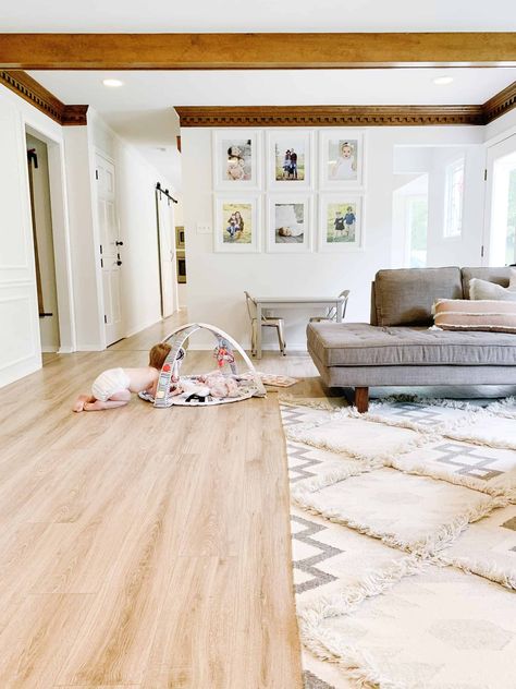 Laminate Kitchen Flooring, Remodel Must Haves, Home Depot Flooring, Brown Laminate Flooring, Pergo Laminate Flooring, Laminate Flooring Colors, Pergo Laminate, Living Room And Family Room, Installing Laminate Flooring