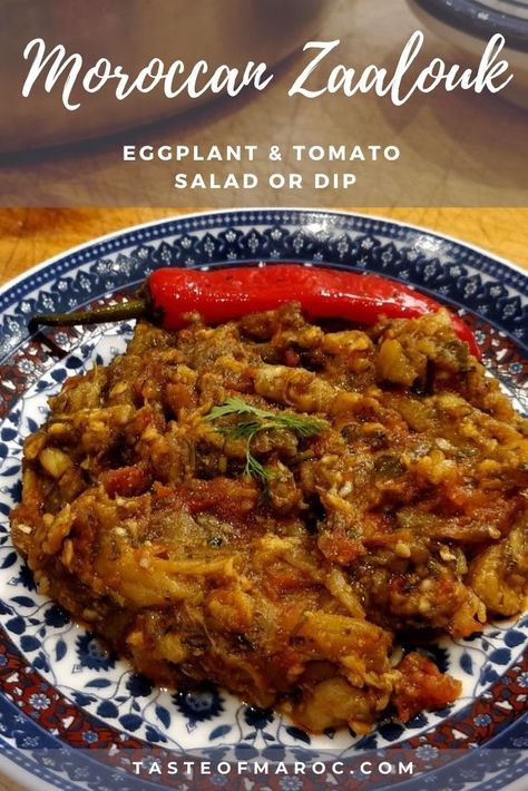 An easy authentic Moroccan recipe for zaalouk, a Moroccan cooked salad of eggplants and tomatoes. Zaalouk is usually eaten as a dip and can range in consistency from chunky to a textured mash to a smooth, pasty puree. Use roasted eggplant for a great smoky flavor. #moroccanfood #moroccanrecipes #moroccancuisine #moroccansalads #moroccandips #eggplantrecipes #roastedeggplant #tomatorecipes #moroccansides #paprika #cumin Moroccan Foods, Moroccan Eggplant, Ways To Cook Eggplant, Moroccan Salad, Afghan Food Recipes, Moroccan Cooking, Moroccan Dishes, Middle East Recipes, Tagine Recipes