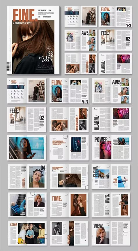 Modern Magazine Template InDesign INDD. US Letter Size. Indesign Inspiration Creative, 3 Column Magazine Layout, Magazine Page Design Layout, Magazine Ideas Layout, Film Magazine Layout, Magazine Table Of Contents Design, Indesign Layout Templates, Modern Magazine Layout Design, Magazine Layout Design Creative