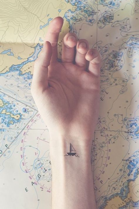 These Nautical Tattoos Will Make You Want to Sail the Seven Seas ... River Tattoo, A Small Tattoo, Sailboat Tattoo, Boat Tattoo, Delicate Tattoo, Ship Tattoo, Cute Tiny Tattoos, Small Tattoo Designs, Little Tattoos