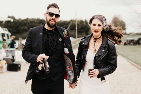 Informal Heavy Metal Wedding · Rock n Roll Bride Punk Groom Attire, Alt Groom Attire, Punk Wedding Suit, Metal Themed Wedding, Mens Alternative Wedding Attire, Heavy Metal Wedding Theme, Metal Head Wedding, Punk Groom, Black Metal Wedding