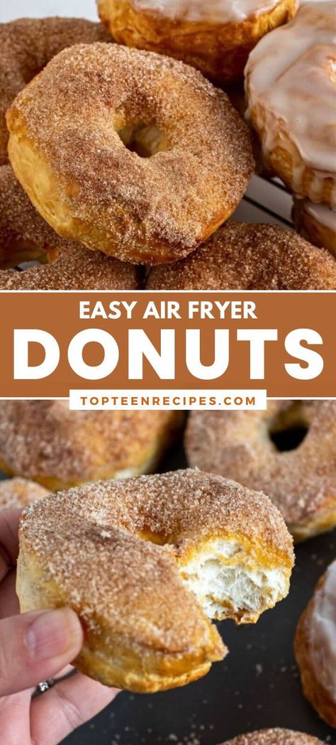 Making donuts can seem like an impossible task, but it can be really easy if you know how to take shortcuts and use your air fryer. This air fryer donut recipe is sure to impress even the most skeptical critics! After trying them, I absolutely prefer air fryer donuts over the high-caloric store-bought ones! Bake In The Air Fryer, Air Fry Donuts, Air Fryer Donuts, Biscuit Donuts, Air Fryer Recipes Dessert, Air Fryer Desserts, Air Fryer Recipes Snacks, Easiest Dessert, Air Fryer Foods