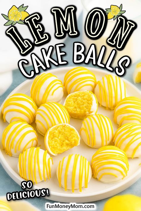 These Lemon Cake Balls are an easy dessert that's ideal for all your spring and summer parties. From their vibrant yellow color to their zesty lemon flavor, these sweet treats are a perfect little bite that will be a huge hit with your guests. Yellow Cake Cake Pops, Color Party Yellow Ideas, Summer Cake Pop Flavors, Yellow Cake Pops Recipe, Yellow Color Party Food Ideas, Yellow Deserts, Lemon Drop Cake Bites, Lemon Cake Balls, Lemon Cake Pops Easy