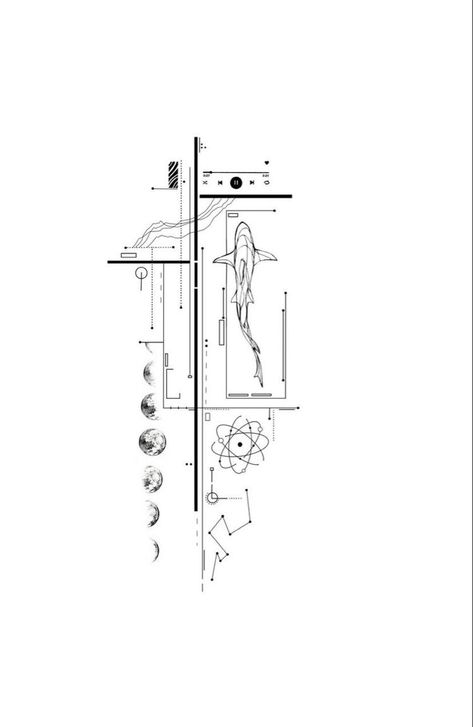 Music Concept Tattoo, Geometric Tattoo Drawing, Music Tattoo Line Art, Music Geometric Tattoo, Shark Tattoo Geometric, Realistic Fine Line Geometrical Tattoo, Lineart Tattoo Ideas, Fineline Music Tattoo, Geometric Shark Tattoo