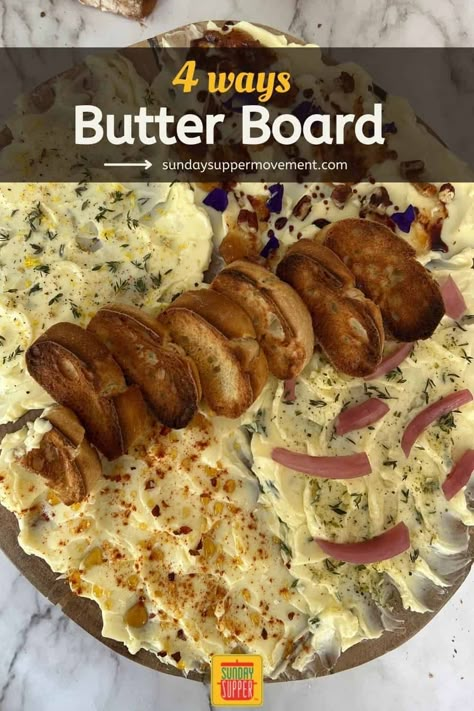 Bread And Butter Boards, Garlic Butter Board Ideas, Warm Charcuterie Board, Butter Platters, Spicy Butter Board, Butter Board Charcuterie Recipes, Butter Board Video, Italian Butter Board, Butter Boards Recipes