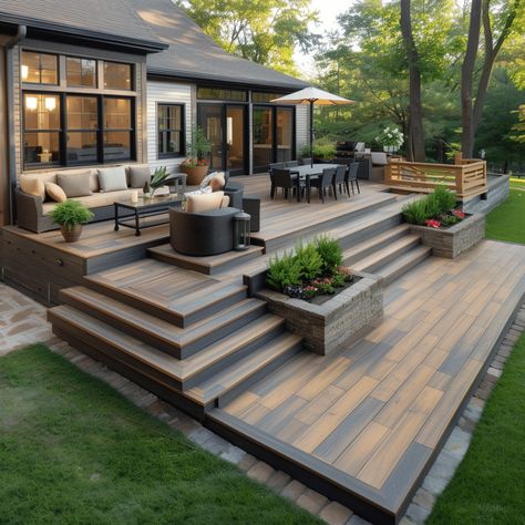 From Classic to Modern: 30 Backyard Patio Designs You'll Love Patio Off House Ideas, Modern Decks Backyard, Deck And Backyard Ideas, Wood Deck And Concrete Patio Combo, Ground Patio Ideas, 2 Level Backyard Ideas, Sloped Backyard Patio, Back Patio Flooring Ideas, Patio And Deck Combo