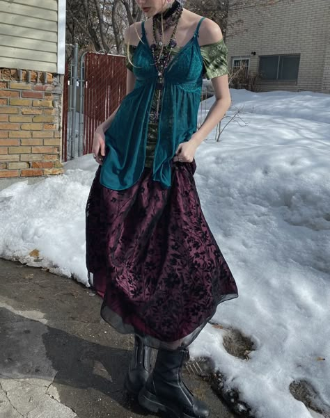 aesthetic clothing thrift fit lingerie styling 90s Fashion Whimsigoth, 70s Witch Outfit, Water Witch Aesthetic Outfit, Whimsical Witch Aesthetic Outfit, Outfit Inspo Whimsigoth, Winter Outfits Whimsigoth, Whimsigoth Fashion Aesthetic, 70s Whimsigoth Outfits, 90s Thrift Outfits