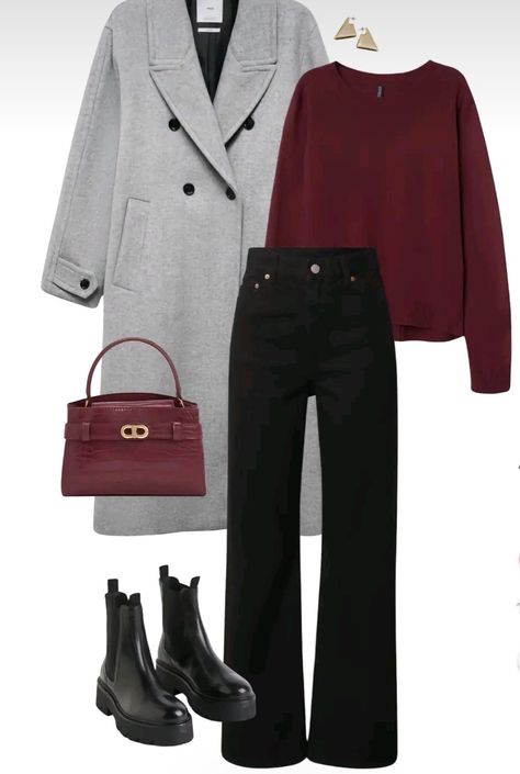 Formal Wear Women Winter, Classy Fall Dinner Outfit, Rome Winter Outfits What To Wear, Monaco Winter Outfit, Wool Blend Coat Women Outfit, Holiday Work Party Outfit Plus Size, Grey Coat Outfit Winter Casual, Outfits With Grey Coat, Red And Grey Outfits For Women