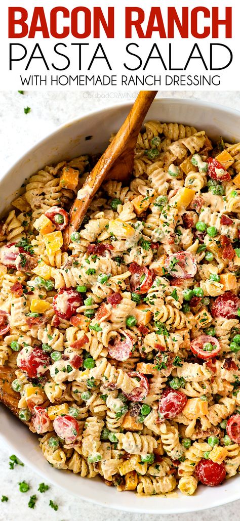 Bacon Ranch Pasta Salad with the BEST DRESSING! It's quick, easy, make ahead friendly and guaranteed to be a hit at every potluck, barbecue and pool party! #salad #pastasalad #pastasaladrecipe #easyrecipe #recipes #recipeoftheday #recipeideas #recipeseasy #recipe #potluck #potlucksalad #potluckrecipes #potluckside #bacon #ranch #cheese #cheddar #summerrecipe #summerside #summersalad Pasta Salad Bacon Ranch, Pasta Salad Ranch, Pasta Monday, Carlsbad Cravings Recipes, Picnic Salads, Bacon Pasta Salad, Party Salad, Bacon Ranch Pasta, Bacon Ranch Pasta Salad