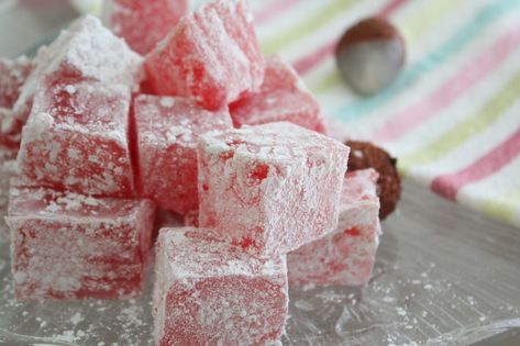 Recipe Lychee and Almond Turkish Delight by Thermomix in Australia - Recipe of category Desserts & sweets Rose Turkish Delight Recipe, Rose Turkish Delight, Turkish Delight Recipe, Strawberry Fudge, Fudge Ingredients, Pink Desserts, Fudge Candy, Turkish Delights, Oh Fudge