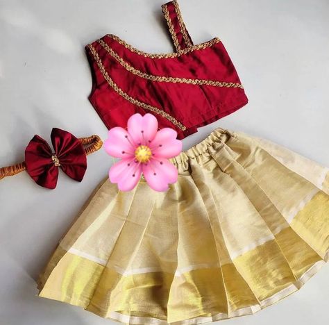 Kasavu Frock, Pattupavada For Kids, Onam Dress Ideas, Onam Collections, Onam Outfits Ideas, Onam Dress, Baby Lehenga, Pattu Pavada, Onam Outfits