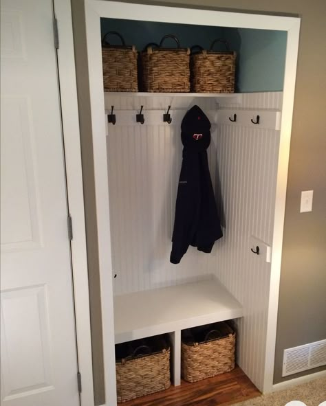 Small Mudroom Cupboard, Cost Closet Mudroom, Closet To Cubbies, Mudroom Out Of Closet, Small Mudroom Makeover, Small Hallway Cupboard Ideas, Small Mud Room Closet, Small Entry Closet Mudroom, Entryway Closet Storage