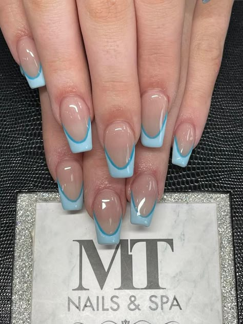 Blue French Tip Nails Square With Design, Vacay Nails Square, Blue Nail Tips Square, Blue French Tips Square, French Tip Nails With Design Square, French Tip Builder Gel, Gel Builder Nails, Nails Acrylic Ombre, Summer Nails 2024 French Tip Blue