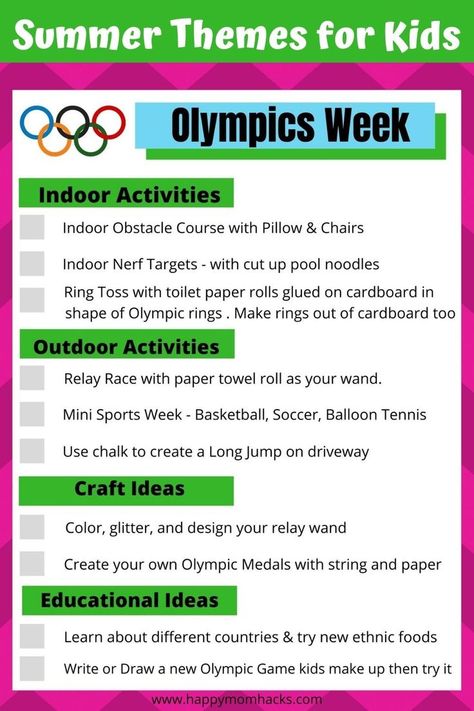 Plan a Fun Summer Camp at Home with Olympics Week and 7 other easy-to-follow Camp Themes. Make a mom camp with indoor & outdoor activities for kids, summer crafts, and educational ideas for the… Outdoor Activities For Kids Summer, Kids Summer Crafts, Day Camp Activities, Summer Camp Sports, Camping Activites For Kids, Summer Camp At Home, Camp At Home, Camp Themes, Kids Olympics