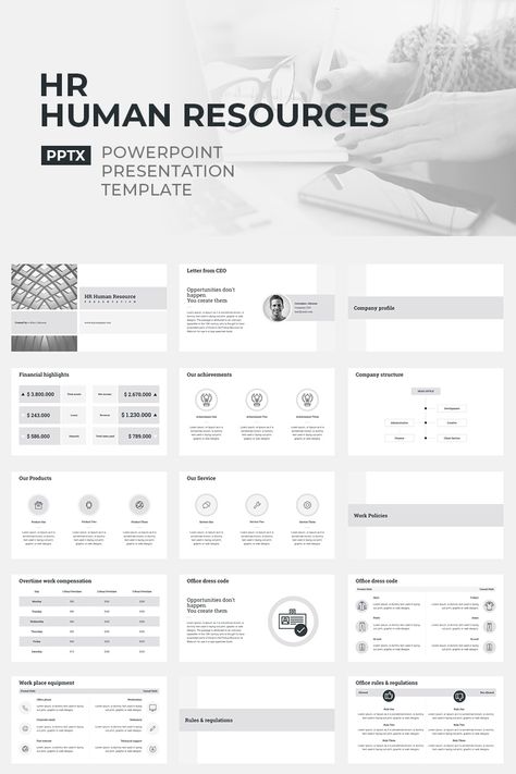 Companies which have HR services will find this ready to use Human Resources template beneficial when writing HR proposals, internal presentations and documents for new employees. This HR presentation template allows you to showcase the services you provide, your team, and your team’s expertise. Provide your clients with a detailed outline of payroll, office schedules, benefits and insurance. #minimalistandsimplepowerpointtemplates Hr Presentation, Hr Ideas, Booklet Layout, Hr Services, Simple Powerpoint, Simple Powerpoint Templates, Company Structure, Topics For Research, Human Resource Development