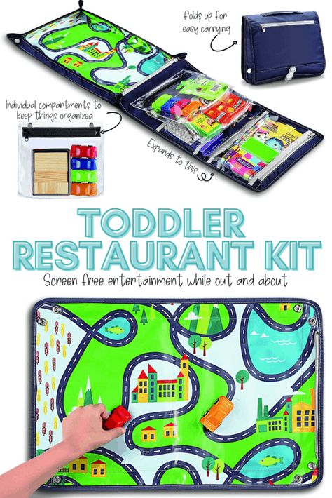 On The Go Toddler Activities, Restaurant Busy Bag Toddlers, Restaurant Activities For Toddlers, Toddler Restaurant Busy Bag, Toddler Restaurant Kit, Restaurant Kids Activities, Diy Travel Kits, Restaurant Kit, Two Under Two