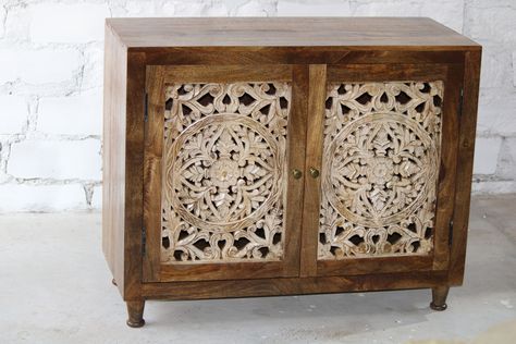 Cupboard Living Room, Carved Sideboard, Shelves Cupboard, Mango Wood Furniture, Fitted Cabinets, Temple Decor, Wooden Bedside Table, Solid Wood Cabinets, Beautiful Cabinet