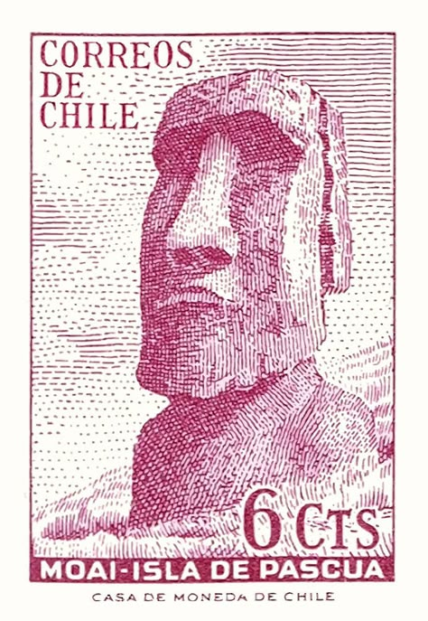 Vintage 1965 postage stamp issued by Chile featuring the iconic monolithic human figures carved by the Rapa Nui people on Easter Island. chile,chilean,easter island,moai,rapa nui,isla de pascua,unesco,world heritage site,chile stamp,correos de chile,stamp,chilean postage,vintage postage,vintage stamp,philately,stamp collector,polynesia,south america,vintage chile,monolith Chile Icons, Chilean Art, Easter Island Chile, Easter Island Moai, Easter Island Statues, Latin Art, Hispanic Art, Postage Stamp Design, Stamp Print