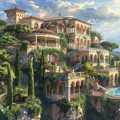 Mediterranean Style Mansion Dreams Unleashed with Luxurious Living • 333+ Images • [ArtFacade] Tree House Mansion, Mediterranean House Architecture, Fantasy Mansion Concept Art, Mansion Fantasy Art, Fantasy Mansion Art, Villa Images, Hill House Design, Mediterranean Castle, Mansion On A Hill