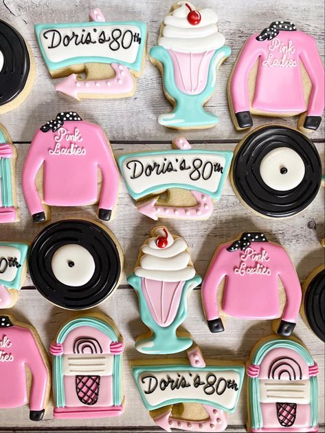 Grease Cookies, Diner Theme Party, 50s Theme Party, Grease Themed Parties, 50s Birthday, 50s Theme Parties, 1950s Aesthetic, 50s Theme, Buttercream Cookies