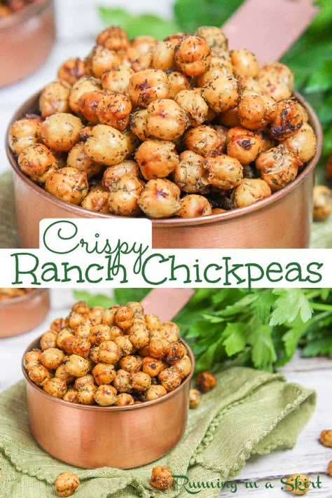 Crispy Healthy Roasted Ranch Chickpeas recipe. The perfect crunchy easy, protein packed healthy snack or use as a salad topper. Friendly for vegans, clean eating and gluten free. / Running in a Skirt Ranch Chickpeas, Chickpea Recipes Healthy, Chickpeas Recipe, Easy Protein, Salad Toppers, Veggie Snacks, Chickpea Recipes, Vegetarian Snacks, Healthy Snacks Easy