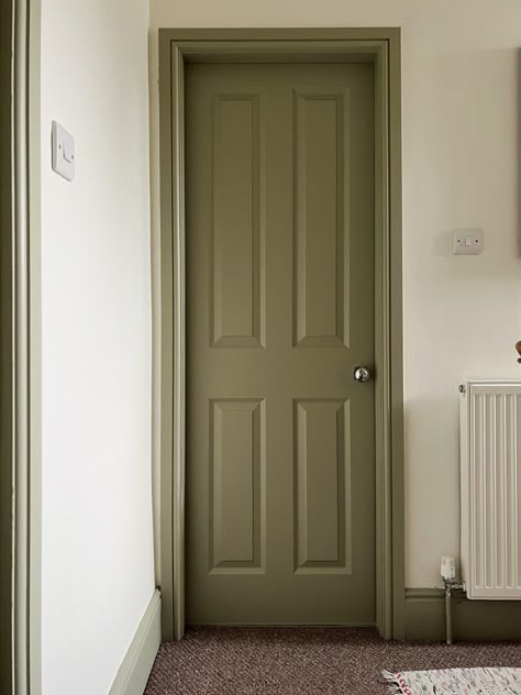 Olive Green Skirting Boards, Darker Skirting Boards, Woodwork Paint Colour, Bedroom Painted Trim, Sage Green Trim White Walls, Skirting Boards Darker Than Walls, Woodwork Colour Ideas, French Grey Hallway, Olive Doors Interior