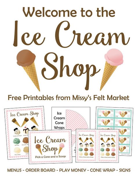 Felt ice cream sandwich, cones, and sundaes with free printables for pretend ice cream shops and play kitchens from Missy's Felt Market Ice Cream Shop Free Printables, Ice Cream Dramatic Play Printables Free, Free Ice Cream Printables, Ice Cream Parlour Role Play, Annerversary Gifts, Kids Grocery Store, Felt Ice Cream, Summer Kids Party, Play Ice Cream