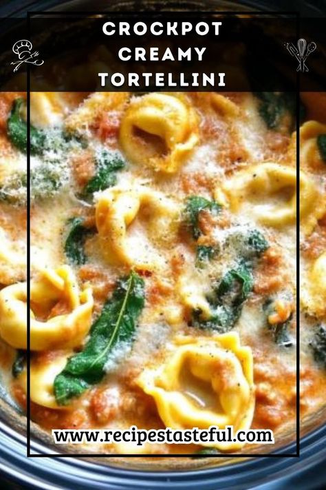 This Crockpot Creamy Tortellini is the ultimate comfort food—rich, creamy, and loaded with tender cheese tortellini, Italian sausage, and spinach. It’s perfect for busy days when you want a hearty meal with minimal effort. Just toss everything in the crockpot, and let it work its magic! Crockpot Creamy Tortellini, Sausage Soup Crockpot, Tortellini Recipes Crockpot, Tortellini Soup Crockpot, Crock Pot Tortellini, Cheese Tortellini Recipes, Tortellini Recipe, Sausage And Spinach, Creamy Tortellini