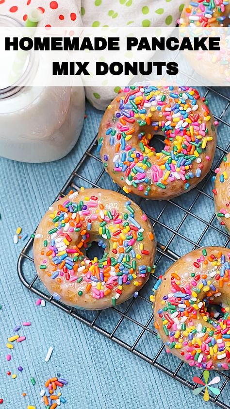 HOMEMADE PANCAKE MIX DONUTS Pancakes In Donut Pan, Making Donuts With Cake Batter, Pancake Donuts Recipes, Donuts From Pancake Mix How To Make, Donuts With Pancake Batter, Donuts From Pancake Mix Baked, Mini Donut Recipe For Donut Maker, Donut Batter For Donut Maker, Donuts Out Of Pancake Batter