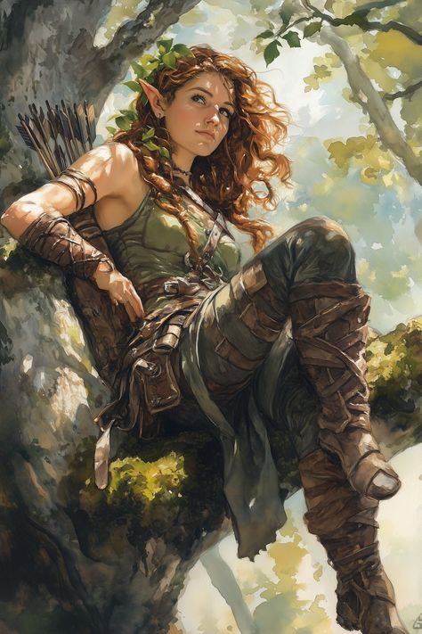 Velisynn Greenwhisper stands at just over three feet tall, her sun-kissed skin dotted with faint freckles. Her curly chestnut hair is adorned with vibrant green leaves woven throughout, blending seamlessly with her forest surroundings. She wears weathered leather armor in deep, earthy tones, reinforced with sections of bark, giving her an organic camouflage. Slung over her back is a quiver made fr... Wood Elf Druid Female, Wood Elf Dnd, Monk 5e, Wood Elf Ranger, Warlock 5e, Ranger Dnd, Wood Elves, Elf Ranger, Dnd Elves