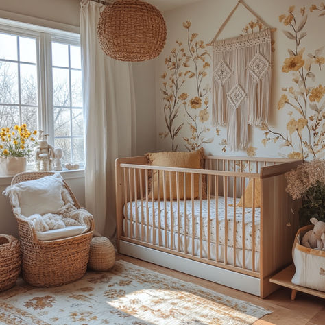 Classy Boho Nursery Decor Ideas Girl Themed Nursery, Vintage Boho Nursery, 2024 Nursery, Baby Girl Boho Nursery, Boho Nursery Neutral, Natural Baby Nursery, Bohemian Nursery Decor, Boho Floral Nursery, Boho Baby Girl Nursery