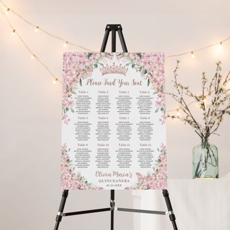 Seating Chart Birthday Party, Quince Seating Chart, Quinceanera Seating Chart, Quince Decorations Pink, Rose Gold Quinceanera Decorations, Pink Seating Chart, Debut Themes, 18th Debut, Seating Chart Board