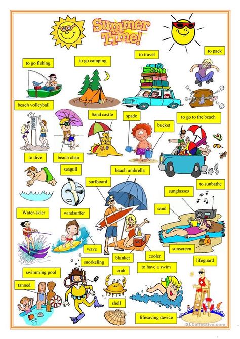 Summer time - English ESL Worksheets Summer Vocabulary, Weather Vocabulary, Summer Worksheets, Picture Dictionary, Kids English, English Vocab, English For Kids, English Language Teaching, English Activities