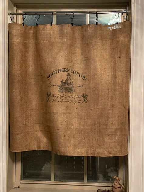 Southern Cotton Approximately 39 Wide Farmhouse Burlap Feed - Etsy Canada Bathroom Curtains Window, Rustic Window Treatments, Romantic Kitchen, Burlap Valance, Curtains Bathroom, French Door Curtains, Burlap Decor, Rustic Window, Burlap Curtains