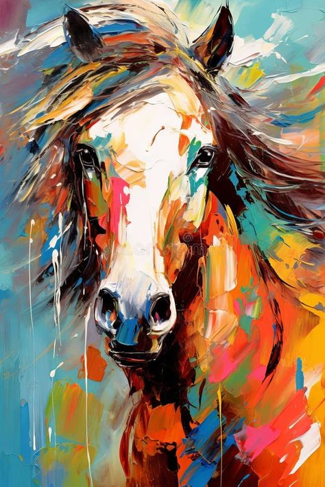 Colorful impressionistic oil painting of a horse on a vibrant background. Concept of equine art, abstract animal art royalty free stock images Art Horses Painting, Abstract Western Art, Horse Abstract Painting, Equine Art Abstract, Colorful Horse Art, Horse Paintings Acrylic, Western Art Paintings, Colorful Horse Painting, Abstract Horse Art