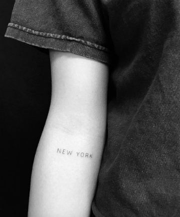 City Love Inner Elbow Tattoos, Small Cross Tattoos, Simple Heart Tattoos, Small Chest Tattoos, Typography Tattoo, New York Tattoo, Nyc Tattoo, Single Needle Tattoo, City Tattoo