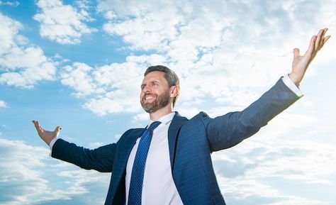 Happy man spreading arms wide open profe... | Premium Photo #Freepik #photo #successful-businessman #happy-boss #professional-man #business-man-suit Happy Stock Photo, Happy Stock Image, Arms Wide Open Pose, Buisness Attire, Arms Wide Open, Chicago Condo, Happy Boss, It Guy, Man Smiling