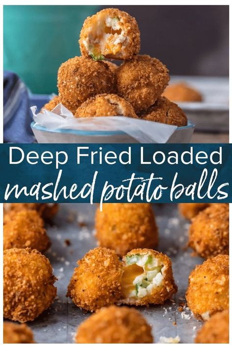 FRIED MASHED POTATO BALLS loaded with bacon, cheese, and onions are perfect for Thanksgiving leftovers! Put those leftover potatoes to good use and fry up some cheesy mashed potato bites. These loaded mashed potato balls make the ultimate appetizer or side dish! Fried Potato Balls With Cheese, Fried Loaded Potato Balls, Stuffed Potatoes Balls, Mash Potato Balls Fried, Fried Loaded Mashed Potato Balls, Leftover Mashed Potato And Stuffing Recipes, Fried Potato Balls Recipe, Stuffed Potato Balls Recipes, What To Make With Leftover Mashed Potatoes