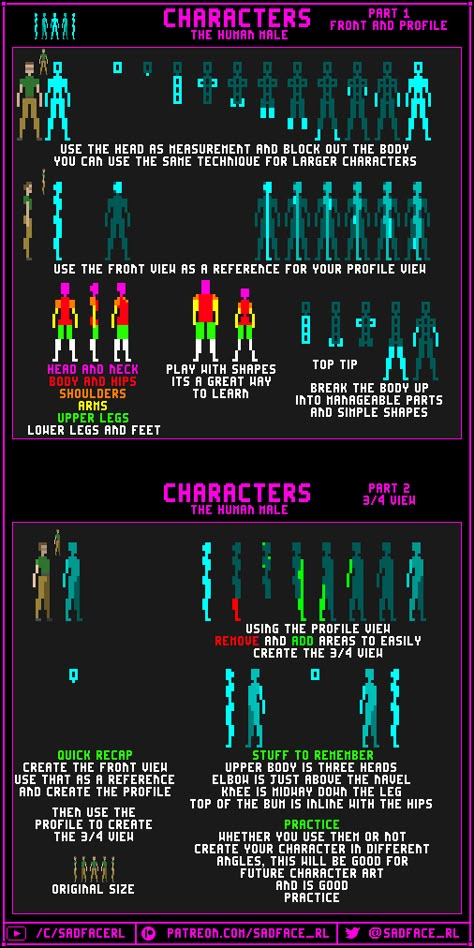 characters, human, male, front, people, 3/4, view, tutorial, animation, animated, animados, animação, animacion, 8bit, pixel art, digital art, video games, game art, game gifs, game design, game development Pixel Art Tips, Pixel Tutorial, How To Pixel Art, Pixel Art Reference, Pixel Gif, Sprite Sheet, Piskel Art, Pixel Characters, Pixel Animation